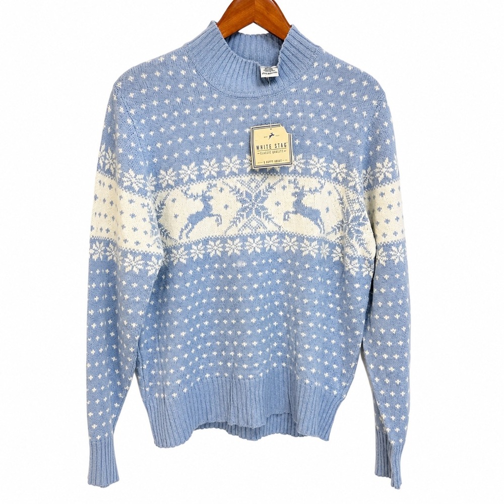 White Stag Blue Fair Isle Reindeer Silk Angora Blend Mock Neck Sweater XL NWT